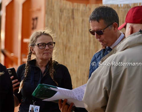 Judge Marco Orsini and Danish Grade IV rider Pia Wulff Jelstrup during the vet-check