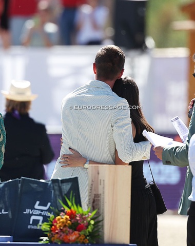 Show director Etienne Zeller hugs a friend during the prize giving ceremony