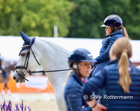 British Grade 1 rider Gabby Blake and Strong Beau waiting to enter the stadium for their familiarization 