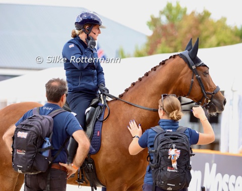The by far youngest horse in Grade 2, 7-year-old Fantabulous, getting ready with Jemima Green for the arena familiarization on Tuesday.