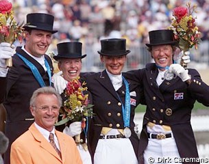 The 2000 Olympic silver medal winning Dutch team: Arjen Teeuwissen, Anky van Grunsven, Coby van Baalen, Ellen Bontje (chef d'equipe Jurgen Koschel)