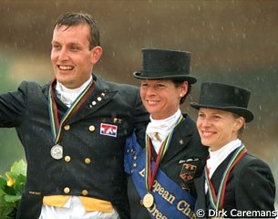 The individual podium at the 2001 European Championships: Arjen Teeuwissen (silver), Ulla Salzgeber (gold), Nadine Capellmann (bronze)