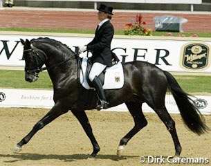 Danish Fie Skarsoe on Valerie Huttner's licensed Trakehner stallion Monteverdi