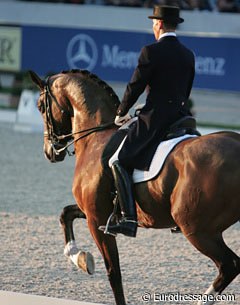 Steffen Peters and Lombardi II struck by sunset light.