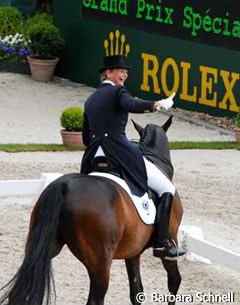 Ann Kathrin Linsenhoff very happy with one of her best rides on Sterntaler so far.