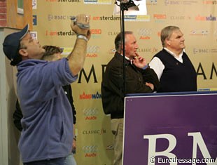 Arlene Page's team: groom Craig Bernstein videos the ride, coach Klaus Balkenhol and husband David Page watch