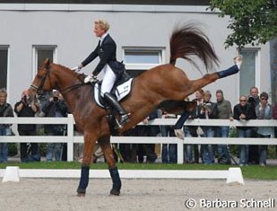 Heike Kemmer and Bonaparte do a spirited performance in the warm-up ring (it was really all just playful)