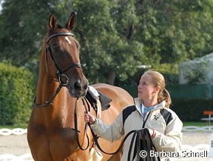 Isabell Werth lunged Satchmo before the competition kicked off at the 2006 World Equestrian Games :: Photo © Barbara Schnell