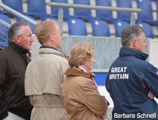 Klaus Balkenhol, Wilfried and Ursula Bechtolsheimer and team coach Ferdi Eilberg watch Laura's ride.