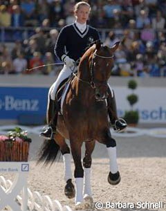 Isabell Werth aboard Der Stern during a training demonstration with coach Wolfram Wittig