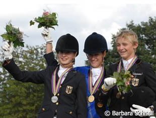 The 2007 European Pony Championship podium: Hassenburger (silver), Luttgen (gold), Rothenberger (bronze) :: Photo © Barbara Schnell