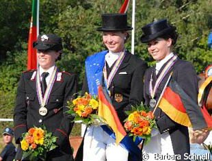 The Individual Test Young Riders podium: Truppa (bronze), Schutte (gold), Sprehe (silver)