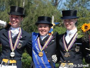 The Kur to Music Junior Riders podium: Lutkemeier (silver), Van Lanen (gold), De Ridder (bronze) :: Photo © Barbara Schnell