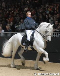 Sylvia Parduhn on her rare white Friesian Nero