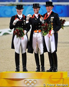 The 2008 Olympic podium: Isabell Werth, Anky van Grunsven, Heike Kemmer