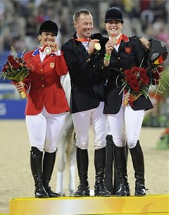 The 2008 Olympic eventing podium: Gina Miles, Hinrich Romeike, Tina Cook