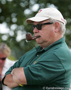 President of the American Hanoverian Society, Doug Leatherdale, watching his Hanoverian stallion Damsey (by Dressage Royal x Ritual) compete