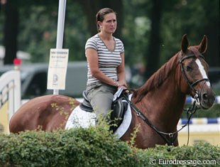 Belgian 6-year old finalist Vicky Smits-Vanderhasselt on her husband Christoph's show jumping horse. Christoph is a Belgian international show jumper and the recently married couple travels to horse shows together.