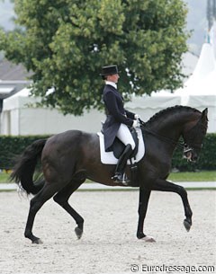 Danish Mikala Munter Gundersen and Anne Spark's Zweibrucken licensed stallion Leonberg (by Lonely Boy). They showed good trot, piaffe and passage work but lost it a bit in the canter tour. The judges' verdict: 63.915%