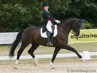 Danish Camilla Blicher on the big Hanoverian Adhesive's Hudson. They were going strong in the trot but lacked impulsion in the canter. The flying changes didn't go as well as normally.