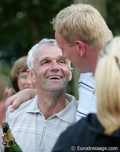 Blue Hors stud manager Esben Moller congratulates breeder Hans Marius Jørgensen for the victory