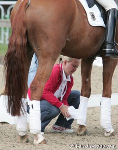 Helping hands: Alexandra Korelova unwrapping Whisper for her trainer Monica Theodorescu