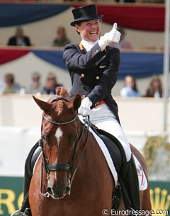 Thumbs up for Adelinde Cornelissen and Parzival after a brilliant Grand Prix ride at the 2009 European Championships :: Photo © Astrid Appels