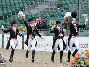 The team victory lap "sine equi" at the 2009 European Championships: Anky van Grunsven, Imke Schellekens-Bartels, Adelinde Cornelissen, Edward Gal