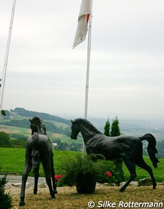 Horse statues at Green & Gold Stables looking over the beatiful Swiss Alps