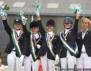 The gold medal winning Dutch team: Antoinette te Riele, Suzanne van de Ven, Maria van den Dungen, Dana van Lierop, and chef d'equpe Tineke Bartels :: Photo © Astrid Appels