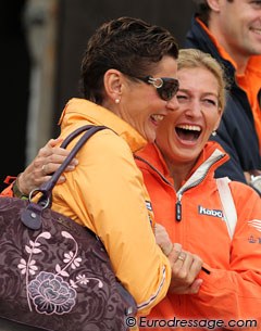 Coby van Baalen and Marlies van Baalen jubilate as they heard that their student Te Riele won the gold