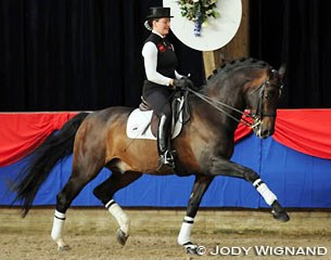 Thamar Zweistra riding Rubiquil at a stallion presentation in 2010 :: Photo © Jody Wignand