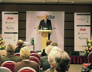 -FEI Secretary General Alex McLin addresses the fourth annual SportAccord IF Forum in the Olympic Capital, Lausanne (SUI). :: Photo © SportAccord/FEI