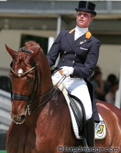 Adelinde Cornelissen on her sponsor's horse Jerich Wunschtraum. Piaffe was not on the spot and the two tempi's were croup high and lacking straightness. They seem to need a little more time to become a combination
