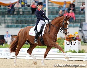 Laura B and Mistral Hojris in a super extended trot