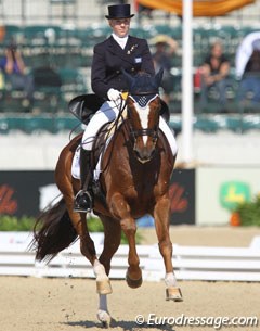 Finnish Emma Kanerva on the chestnut Sini Spirt. They put in a very energetic ride, but the horse needs much more sit in the piaffe. He tends to pull his hocks high instead of moving the hind legs towards the gravity point