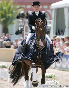 Charlott Maria Schurmann won the Junior Riders Team Test at the 2010 CDI Wiesbaden. She rode the prize giving ceremony on her second horse Burlington (by Breitling)