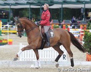 The warm up became so muddy that the dressage riders had to school their horses in the show jumping arena. Here you see Anabel Balkenhol on Dablino