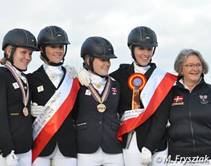 The Danish bronze medalists: Maya Jorgensen, Emilie Holm Toft, Caroline Aarosin, Caroline Bording Smidt and chef d'equipe Rigmor Kristensen