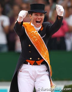 An ecstatic Adelinde Cornelissen wins Special and Kur Gold at the 2011 European Championships :: Photo © Astrid Appels