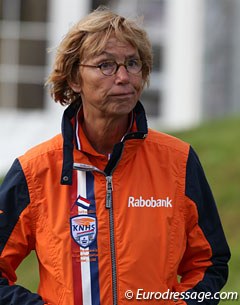 Dutch junior/young rider chef d'equipe looks amazed and disappointed after the many mistakes her team riders made. Holland ended up with two team bronze medals