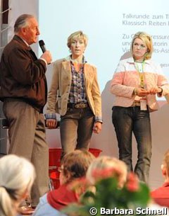 Klaus Balkenhol, Ingrid Klimke & Britta Schöffmann doing a talk show at the ReiterRevue booth