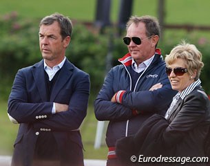 Hof Kasselmann dressage manager Ulf Möller, trainer Christoph Niemann, and O-judge Katrina Wüst watch the junior riders' test
