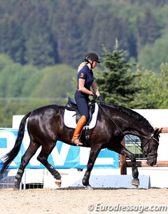 Fie Skarsoe schooling One Night Stand. She finished her ride with some very relaxed long, deep and low work with a LOOSE contact! A pleasure to watch