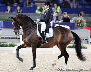 Vicky Smits-Vanderhasselt made her come back with Daianira van de Helle after a very long baby break. The super elegant mare showed brilliant work but started snorting in the second piaffe and lost the rhythm. 68.745%