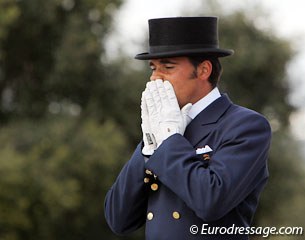 Jose Antonio Garcia Mena's reaction after finishing his Grand Prix Special test which had quite a few mistakes in the canter work