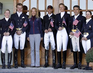 Marisa Festerling, Endel Ots, Anne Gribbons (chef d'equipe), Steffen Peters, Heather Blitz, Cesar Parra, Heather Mason at the U.S. Pan Am Training camp :: Photo © Sue Stickle