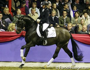 Belgian Ingrid Daeleman on Bailamos Biolley (by Sir Donnerhall I x Florestan). The small bay looked tired and flat in trot, but did show a nice ground covering canter