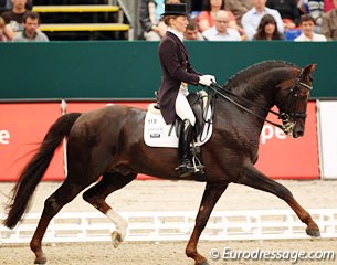 Helen Langehanenberg and Damon Hill NRW. Their freestyle was too complicated and difficult for this young Grand Prix horse. Nonetheless with the scores she's been getting a German team spot in within reach!