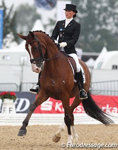 Brand new mom Minna Telde back in the saddle on Isac. The Swedish rider had problems sitting her horse in trot but the bay has FEI horse written all over him